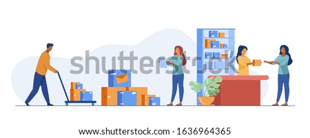 Postman giving parcel to customer in post office. Courier removing boxes from handcart. Vector illustration for shipping, delivery, logistic service concept