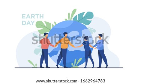 People walking around globe and holding each other by hands flat vector illustration. Tiny people saving world ecology. Big planet at background. Earth day environment saving and nature care concept