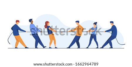 People pulling opposite ends of rope flat vector illustration. Tug of war contest between office workers. Competition challenge and confrontation concept