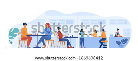 People eating in food court cafeterias. Cartoon characters sitting at cafe tables and having lunch or dinner. Vector illustration for restaurant interior, catering, shopping mall concept
