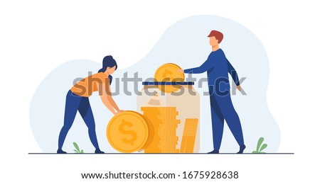 Family couple saving money. Man and woman inserting cash into glass jar. Vector illustration for finance, deposit, economy, investment, banking, concept