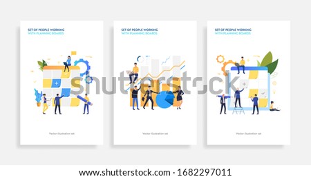 Set of people working with planning boards. Flat vector illustrations of employees sticking notes on Kanban board, working on laptop. Business concept for banner, website design or landing web page
