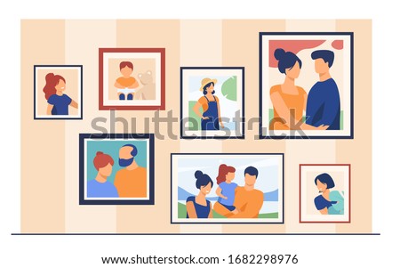 Family portrait pictures in frames on wall. Happy parents and kids framed photos in home interior. Vector illustration for home decoration, photography, generation concept