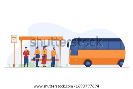 Passengers waiting for public transport at bus stop flat vector illustration. Cartoon characters using auto. Transportation and conveyance concept.
