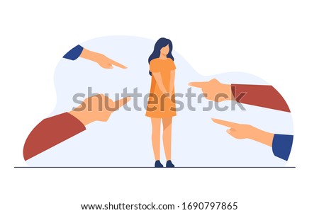Depressed sad woman standing as victim flat vector illustration. Surrounded girl and fingers pointing at her. Conviction, indictment and social denunciation concept.
