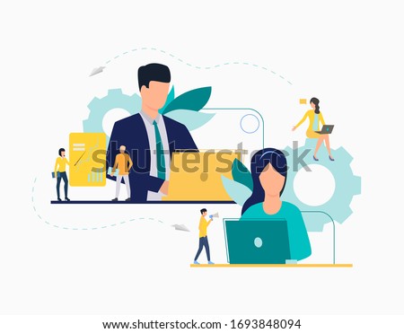 Communication flat icon. Department leaders, laptop, presentation, gear. Teamwork concept. Can be used for topics like leadership, unit, business, analysis