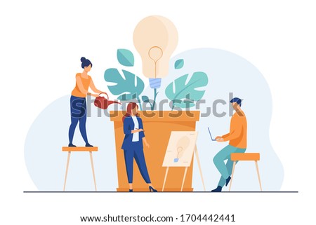 Business team discussing new ideas and innovations. Group of people growing lightbulb plant. Vector illustration for teamwork, ecology, innovation, growth, eco energy concept