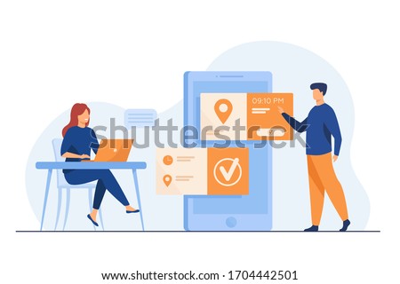People using online appointment and booking app. Mean and woman planning meeting, setting date in mobile interface. Vector illustration for business, internet technology concept