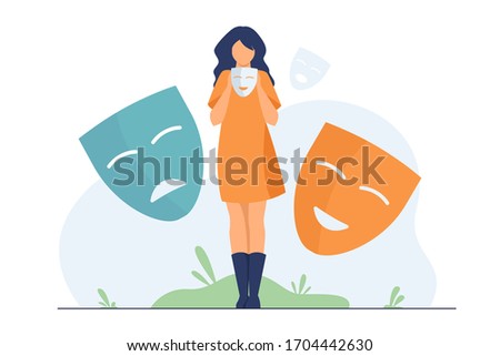 Person covering emotions, searching identity. Woman trying on carnival masks with happy or sad expressions. Vector illustration for psychology, mood changes, personality concept