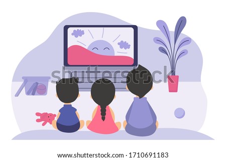 Boys and girls sitting at TV screen and watching cartoon movie for children. Vector illustration for childhood, television, video, show for kids concept