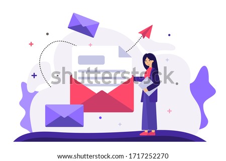 Cartoon woman holding huge envelope with letter flat vector illustration. Working process, new email message, office paper and mail delivery. Business and communication concept