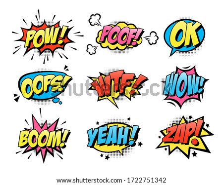 Comic burst text balloons flat icon collection. Cartoon smash and surprise speech bubbles vector illustration set. Expression and retro word effect concept