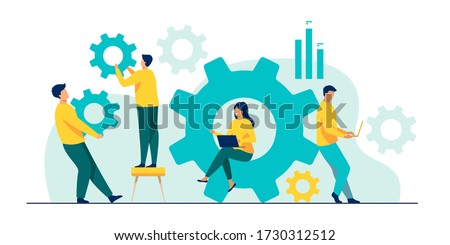 Business team working on cogwheel mechanism together. People carrying gears, using laptops . Vector illustration for teamwork, technology, solution, engineering concept