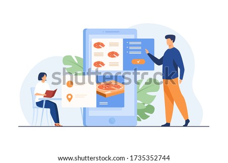 People ordering food in cafe and online. Man using mobile app and choosing pizza for delivery. Vector illustration for application, restaurant service, fast food concept