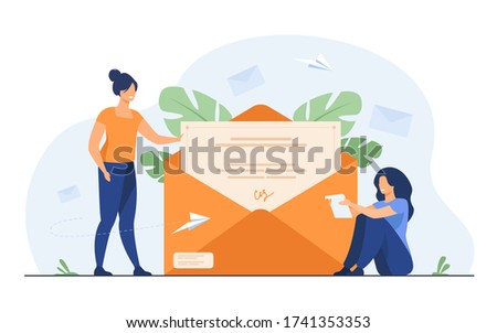 Woman receiving mail and reading letter. Person getting contract with signature out of envelope. Flat vector illustration for email, message, communication concept