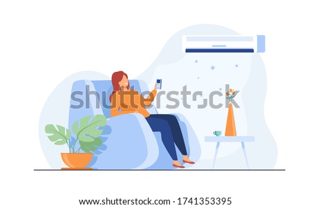 Woman relaxing in arm chair at home, turning on air conditioner system, holding remote control device. Flat vector illustration for summer, cleaning, comfort at home, appliance concept