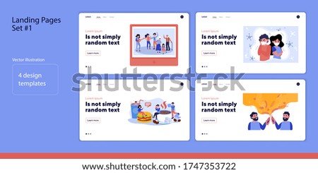 Friends meeting in cafe or bar set. People wearing mask, family party. Flat vector illustration. Communication, coronavirus lockdown concept for banner, website design or landing web page