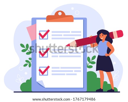 Checklist or survey concept. Woman with pencil writing down task list, filling out survey or application on notepad, marking checkboxes. Flat vector illustration for business goals topics