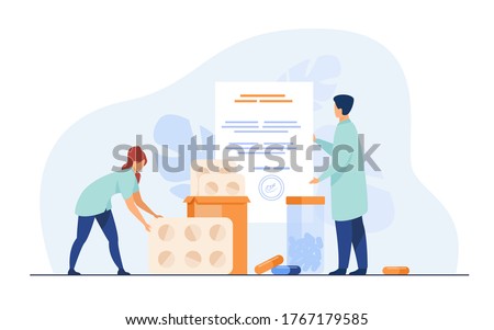 Tiny pharmacists with RX prescription and drugs isolated flat vector illustration. Pharmaceutical patent for medications and painkillers. Pharmacy and medicine concept