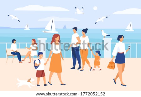 People walking on seaside quay. Tourist characters an cute couple with kids admiring boats in sea and seagulls. Flat illustration for seaside, summer vacation at ocean concept