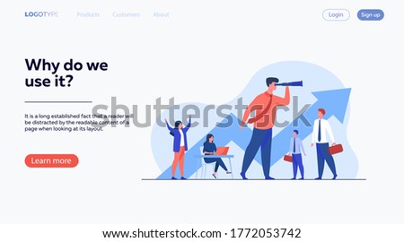 Team leader and teamwork concept. Businessman with telescope looking faraway an leading team. Flat vector illustration for planning, challenge, leadership topics