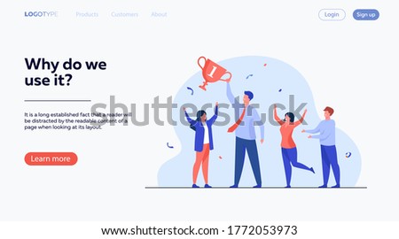 Teamwork and team success concept. Best employees winning cup, celebrating victory. Flat vector illustration for leadership and career achievement topics