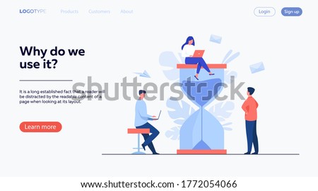 Tiny people and huge sand glass flat vector illustration. Cartoon team working together with laptops. Time management and business concept