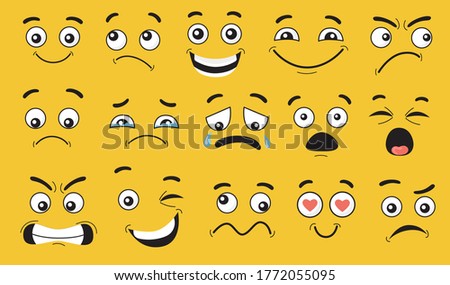 Comic face expressions set. Smiling, pensive, happy, crying, shocked, scared, angry cartoon character faces, grimaces with eyes and mouth. Vector illustrations for emotions and feelings concept