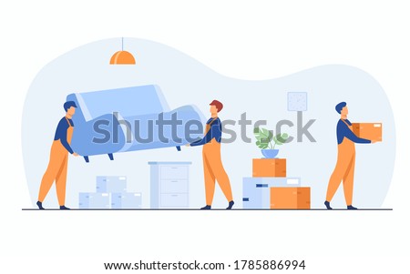 Moving to new apartment concept. Men in overalls taking boxes and furniture out of apartment. Flat vector illustration for housing, loading service, loader job, real estate sale concepts