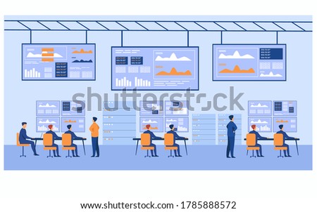 Big data control center. Stock market brokers analyzing financial graphs on screens. Data security engineers using computers and diagrams. For trading, technical department, cybersecurity topics