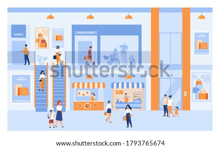 Department store interior with customers. People shopping in city mall, walking through building halls past windows, carrying bags. For market, sale, discount concepts.