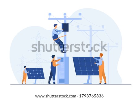 Solar power plant maintenance. Utility workers repairing electric installations, boxes on towers under power lines. For electric network operation, city service, renewable energy topics