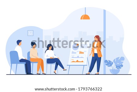 Coach speaking before audience. Mentor presenting charts and reports, Employees meeting at business training, seminar or conference. Vector illustration for presentation, lecture, education concept