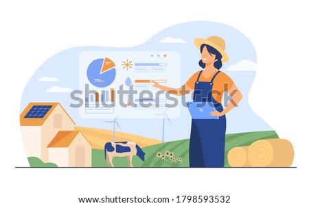 Happy female farmer working on farm to feed population flat vector illustration. Cartoon farm with automation technology. Smart farming and implementation concept