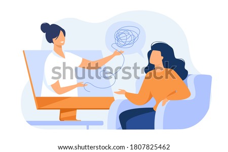 Woman consulting psychologist online. Doctor and patient discussing mental tangled rope, using computer for distance talk. Vector illustration for counseling, therapy, psychology, support concept. Photo stock © 
