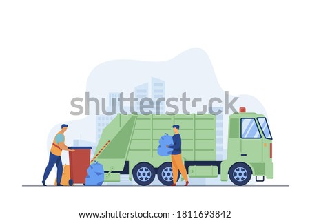 Trash pickup worker cleaning dustbin at truck. Man carrying trash in plastic bag flat vector illustration. City service, waste disposal concept for banner, website design or landing web page