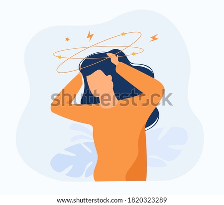 Sick person suffering from vertigo, feeling confused, dizzy and head ache. Flat vector illustration for stress, sickness symptoms, migraine, hangover concept