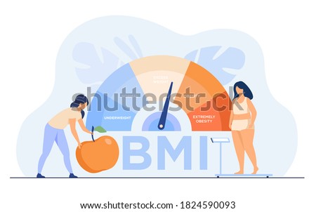 Tiny women near obese chart scales isolated flat vector illustration. Cartoon female characters on diet using weight control with BMI. Body mass index and medical fitness exercise concept