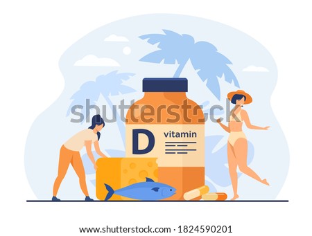 Tiny women eating fatty fish, vitamin D, cheese and sunbathing flat vector illustration. Cartoon ladies using food supplements for deficiency reduction. Wellbeing and health concept Foto stock © 