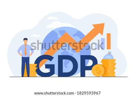 Gross domestic product concept. Growth arrow chart with globe, stacks of money, happy tiny professional. Flat illustration for national economy, monetary policy, global finance topics