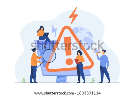 Tiny people examining operating system error warning on web page isolated flat vector illustration. Cartoon mistake and alert on website. Computer diagnostics and digital technology concept