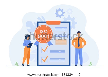 Tiny business people passed standard quality control isolated flat vector illustration. Cartoon document standardization industry. ISO system and international certification concept