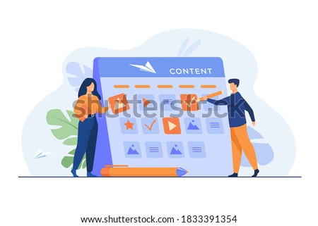 Happy SEO planning campaign for social media isolated flat vector illustration. Cartoon tiny characters standing near calendar with plan for website content. development and communication concept