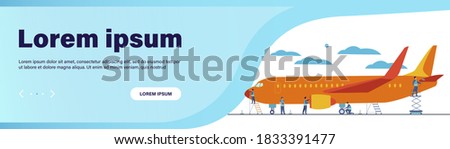 Plane service isolated flat vector illustration. Cartoon mechanics repairing airplane before flight or adding fuel. Aircraft maintenance and aviation concept