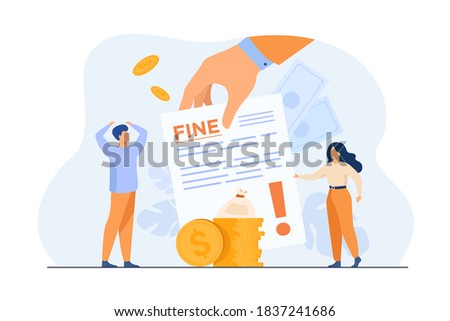 Tiny people getting paper sheet with fine flat vector illustration. Cartoon characters paying traffic bill, municipal tax or parking fee as penalty from police. Financial mulct or punishment concept Foto stock © 