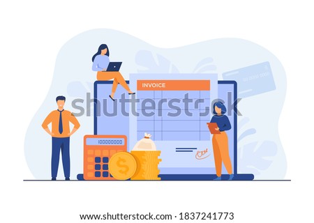 Tiny people preparing invoice on computer isolated flat vector illustration. Cartoon accountants creating reports about VAT, payroll and paid money. Online payment and accounting concept