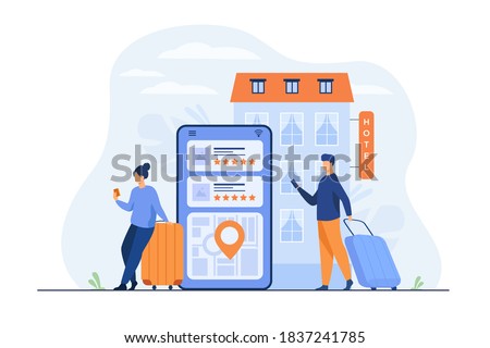 Happy tourists choosing hotel and booking room online flat vector illustration. People doing search or making choice of hostel and apartments via internet. Trip, vacation and accommodation concept