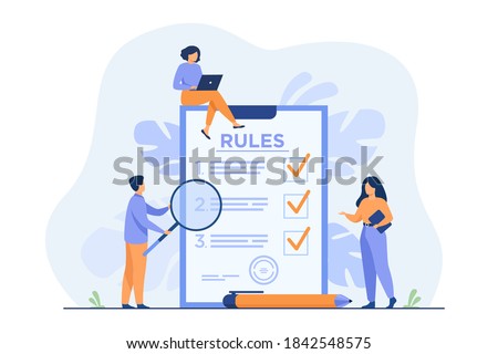 Business people studying list of rules, reading guidance, making checklist. Vector illustration for company order, restrictions, law, regulations concept