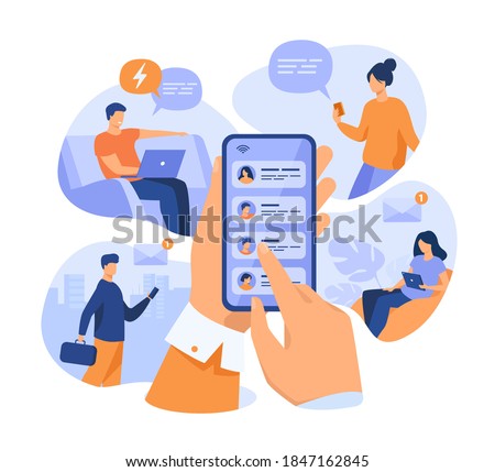 Mobile phone user sharing news online, sending messages to friends, holding cellphone with contact list on screen. Vector illustration for refer a friend, email marketing concept