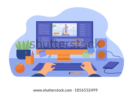 Computer and monitor of graphic animator creating video game, modeling motion, processing video file, using professional editor. Vector illustration for graphic design, art, designer workplace concept